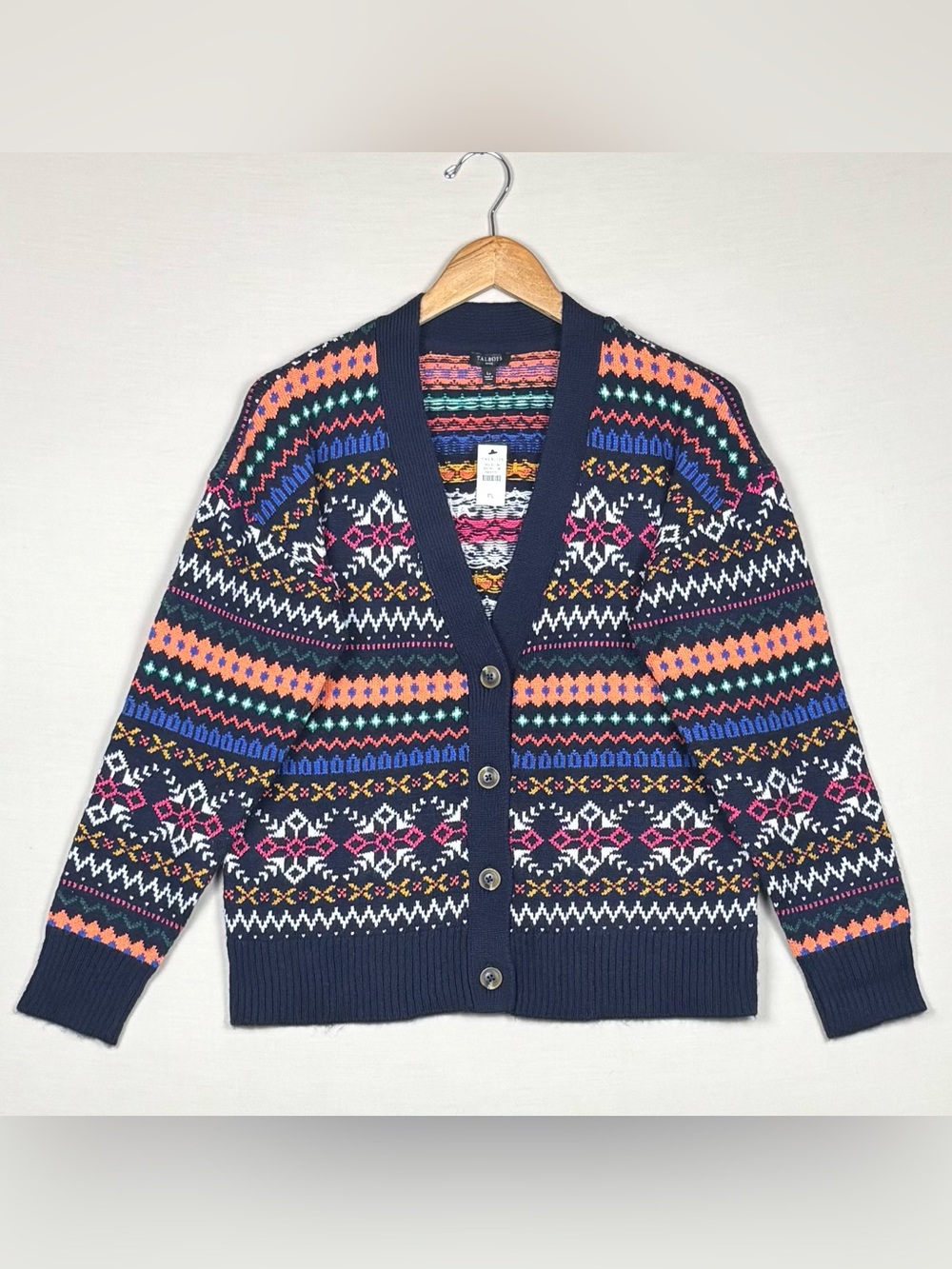 NWT Talbots Fair Isle Cardigan Sweater Petite Large Navy Multicolor Button Front